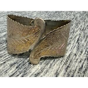 Vintage Silver/gold Tone Leaf Motif Hinged Cuff Bracelet Statement Boho Bracelet